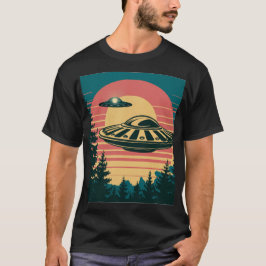 Retro Sunset Alien Spaceship Trees Camiseta Negra
