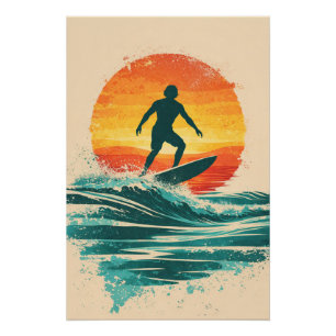 Retro Sunset Surfer – Póster de Arte de Surf Vinta