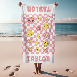RETRO Toalla de playa personalizada Nombre Happy F