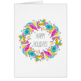 Retro Tree Baubles Circle Happy Holidays card