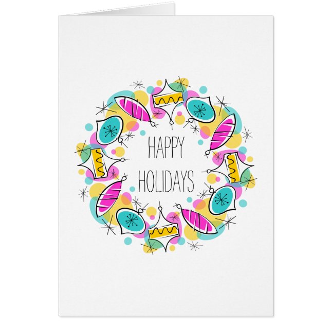 Retro Tree Baubles Circle Happy Holidays card (Frente)