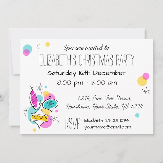 Retro Tree Baubles Multi Invitación (Anverso)