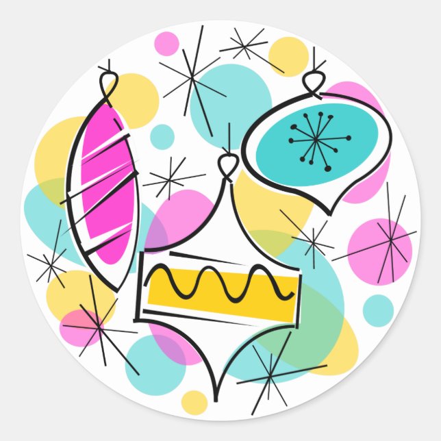 Retro Tree Baubles pegatina redonda (Anverso)