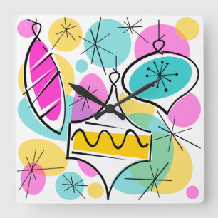 Retro Tree Baubles reloj cuadrado