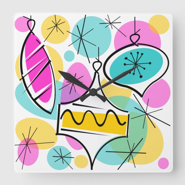 Retro Tree Baubles reloj cuadrado (Anverso)