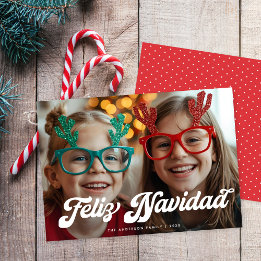 Retro White Script Feliz Navidad One Photo