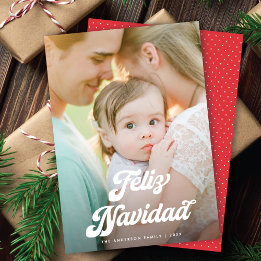 Retro White Script Feliz Navidad One Photo