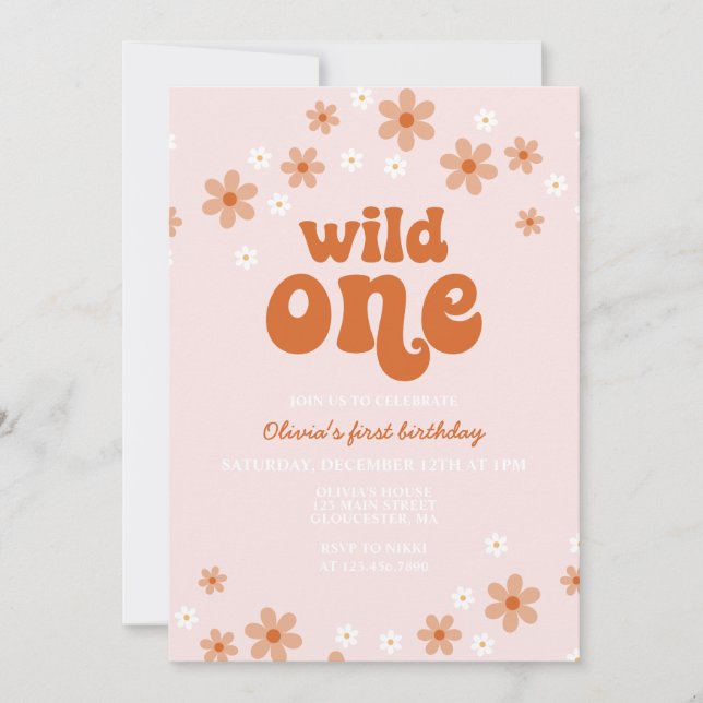 Retro wild one daisy boho primera invitación de cu (Anverso)