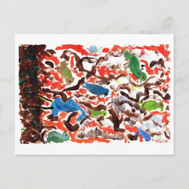 Reunión de aves en una postal de árbol (Anverso)