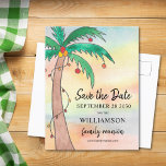 Reunión familiar salva la tarjeta postal de fecha<br><div class="desc">La postal Save the Date de la Reunión Familiar incluye una palmera decorada a mano sobre un fondo acuático. Personalizable fácil. Acuarela original © Michele Davies.</div>