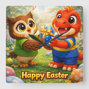 Rex y hoot feliz Pascua reloj de pared cuadrado de