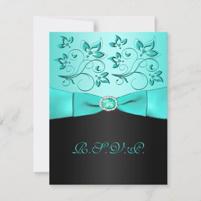 RIBBON Aqua IMPRESO, tarjeta RSVP Floral II Negro (Anverso)