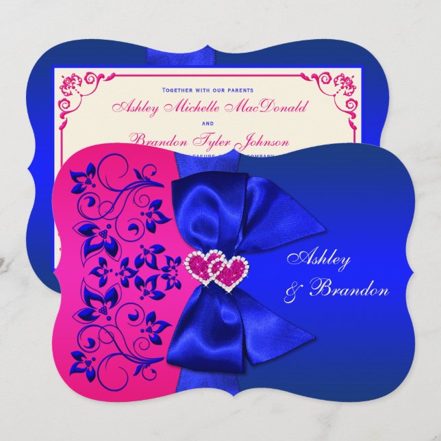 RIBBON Azul IMPRESO, Invitación a la boda floral r (Anverso / Reverso)