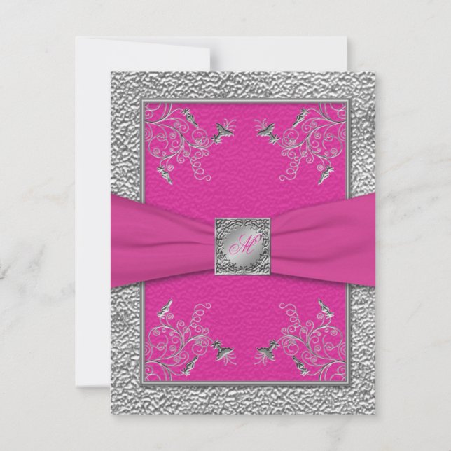 RIBBON IMPRESO Raspberry Pink, Pewter RSVP Card (Anverso)