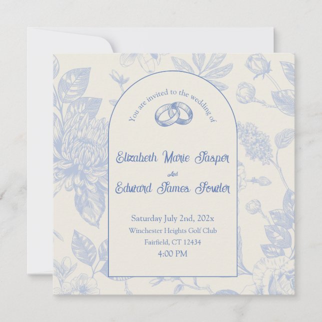 Rich Blue French Floral Toile Invitación Floral Fl (Anverso)