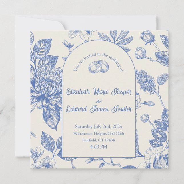 Rich Blue French Floral Toile Invitación Floral Fl (Anverso)