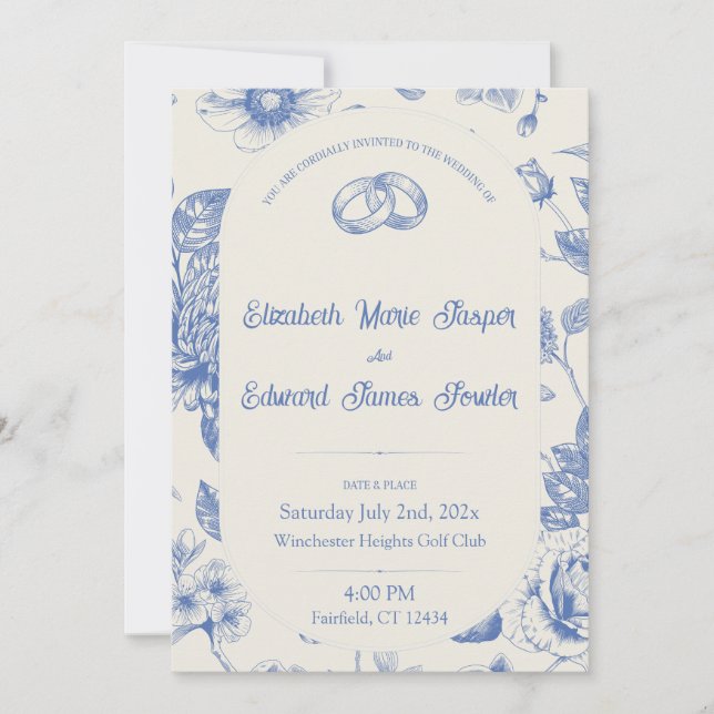 Rich Blue French Floral Toile Invitación Floral Fl (Anverso)