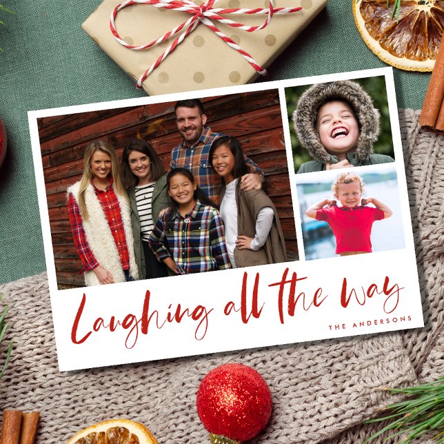 Ríe todo el camino de la tarjeta de papel fotográf (Laughing All the Way Modern Photo Plaid Christmas Holiday Card)