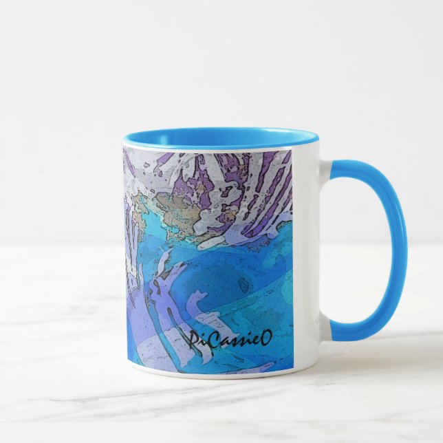Riegue la taza de café de la música en azules y (Derecha)