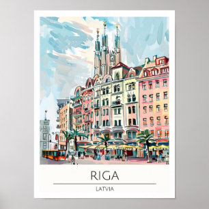 Riga Letonia Ilustración de Arte Vintage Viajes