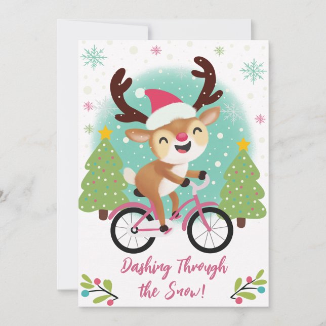 Rindeo lindo en tarjeta de Navidades de bicicleta  (Anverso)