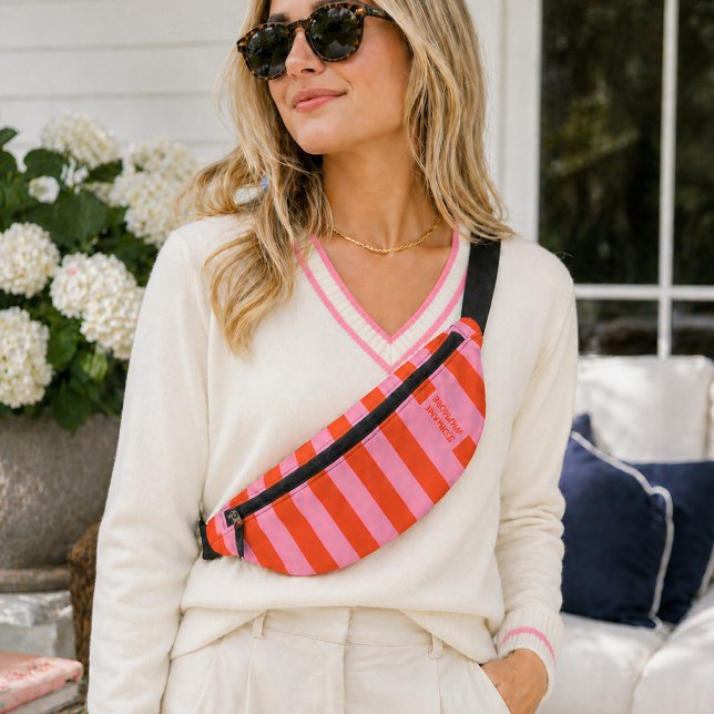 Riñonera | Raya Audaz Preppy Coral Rosa (A bold striped fanny pack with a playful modern look perfect for gifting or everyday use.)