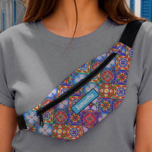 Riñoneras Azulejo de Talavera Azul Morado Chic Patrón de Mon