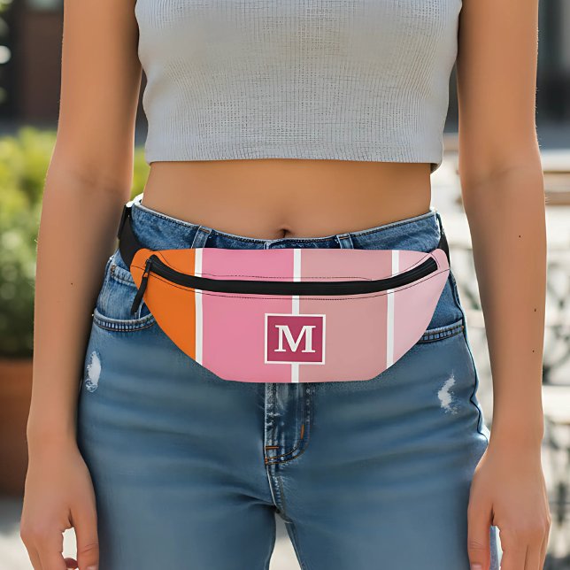 Riñoneras Bandas rosadas modernas con monograma (girly pink stripes fanny pack with monogram)