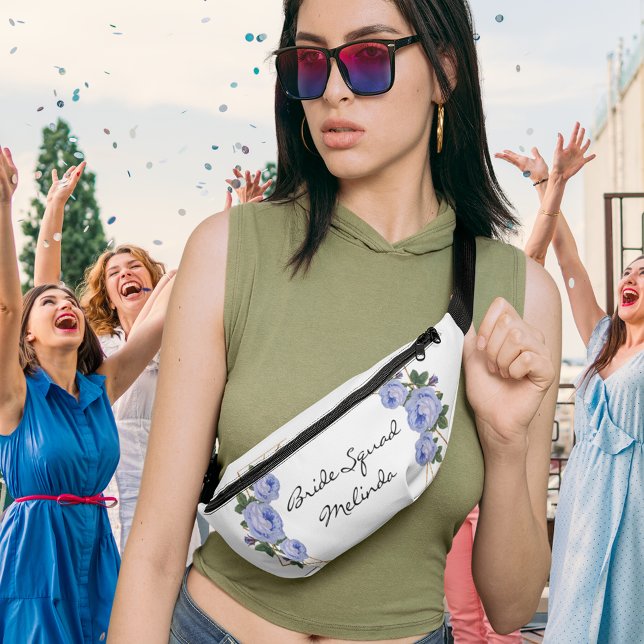Riñoneras Bride Squad Blue Floral Elegante Purpurina de oro  (Bride Squad Blue Floral Elegant Gold Glitter Geo  Fanny Pack)