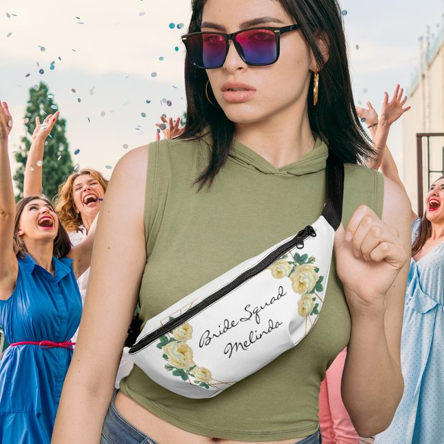Riñoneras Bride Squad Bonito floral amarillo oro Purpurina G (Bride Squad Yellow Floral Pretty Gold Glitter Geo  Fanny Pack)