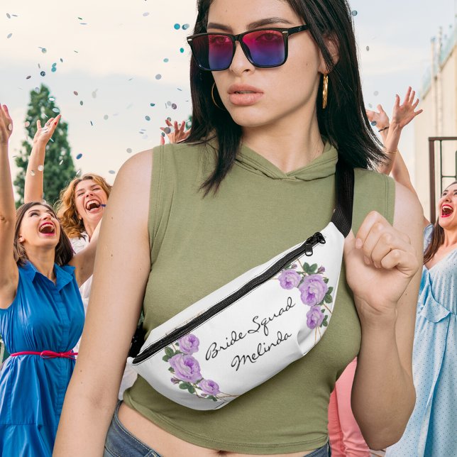 Riñoneras Bride Squad Bonito Purple Floral Purpurina de oro  (Bride Squad Purple Floral Pretty Gold Glitter Geo  Fanny Pack Cover)