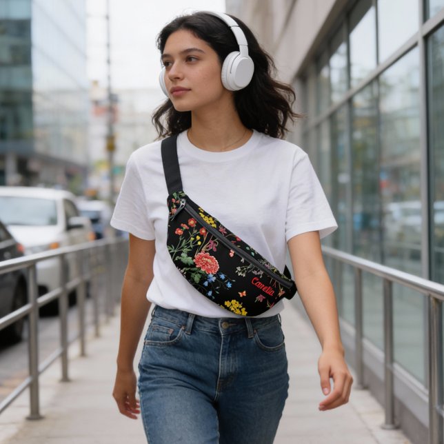 Riñoneras Colorful FLower Garden Hand Drawing Black Custom F (A stunning flower in style of a summer english garden, a colorful flower blooming with butterflies.)