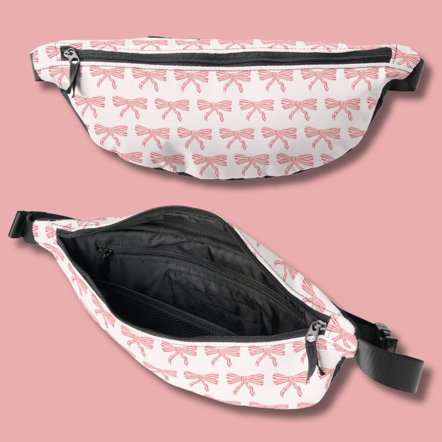 Riñoneras Coquette ruborizada rosada y arcos de rayas rojas (Girls fanny pack with blush pink bow design.)
