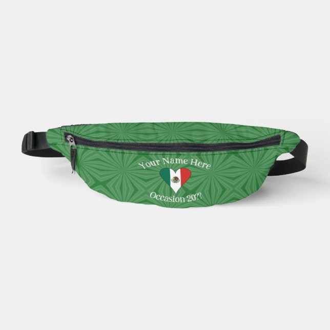 Riñoneras Corazón de bandera mexicana con fondo verde y text (Anverso)