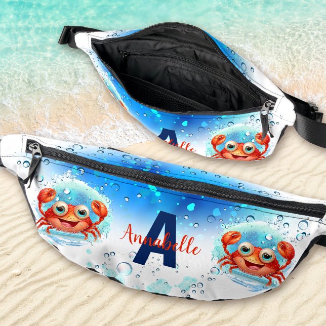 Riñoneras Cute Happy Crab Blue Summer Vacation Name (Cute Happy Crab Blue White Summer Vacation Name Fanny Pack)
