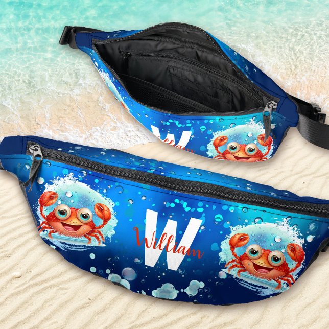 Riñoneras Cute Happy Crab Ocean Blue Summer Vacation Name (Cute Happy Crab Ocean Blue Summer Vacation Name Fanny Pack)