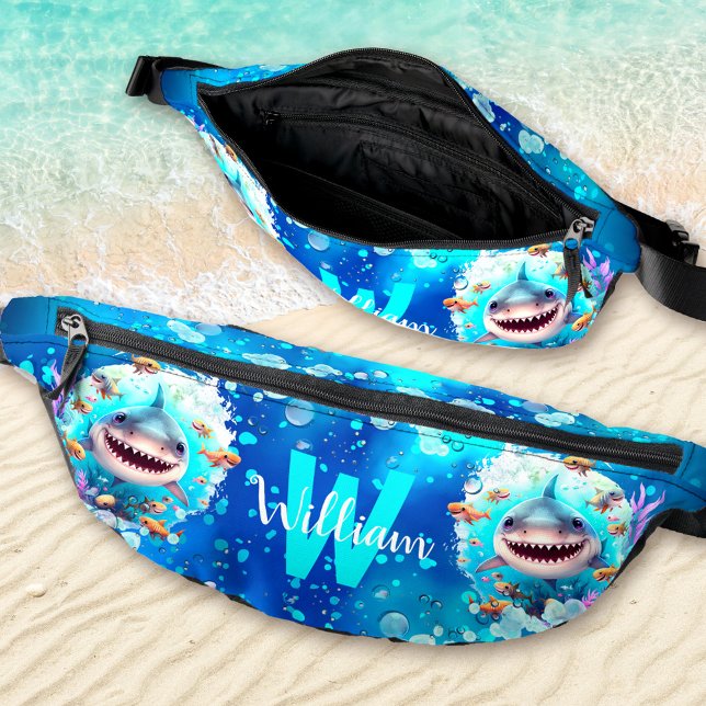 Riñoneras Cute Happy Shark Ocean Blue Summer Vacation Name (Cute Happy Shark Ocean Blue Summer Vacation Name Fanny Pack)