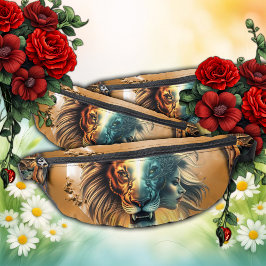 Riñoneras Dualidad de fuerza, el león y la mujer.