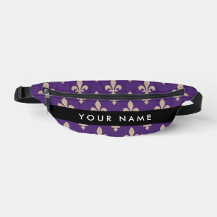 Riñoneras Fleur de Lis, Beige sobre Púrpura, Real, Tu Nombre