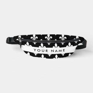 Riñoneras Fleur de Lis, Blanco sobre Negro, Blanco, Tu Nombr