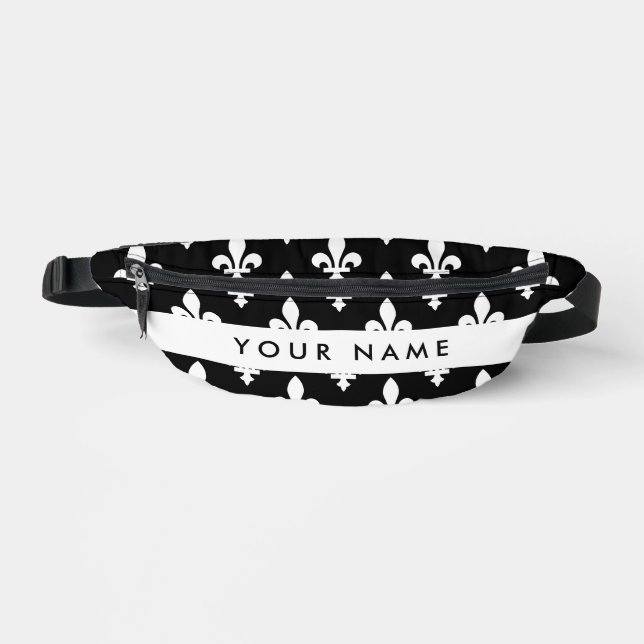 Riñoneras Fleur de Lis, Blanco sobre Negro, Blanco, Tu Nombr (Anverso)