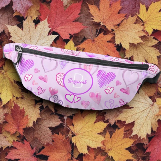 Riñoneras Heart Pattern on Pastel Purple Initial Monogram (template name & monogram initial fanny pack front)