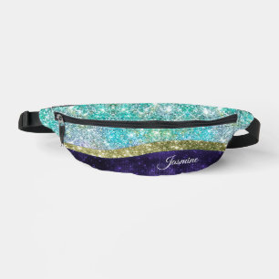 Riñoneras Moda monograma purpurina iridiscente azul morado