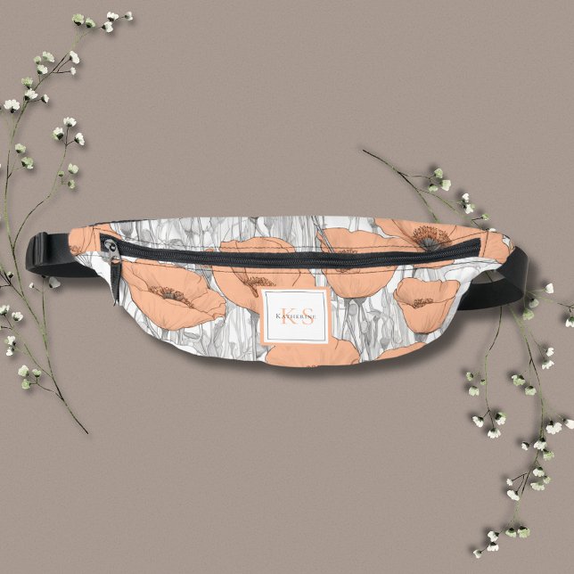 Riñoneras Moderna y elegante fiesta de boda floral (Peach Poppies Personalized Fanny Pack coordinates with Peach Poppies Elegant Wedding Invite Suite.)