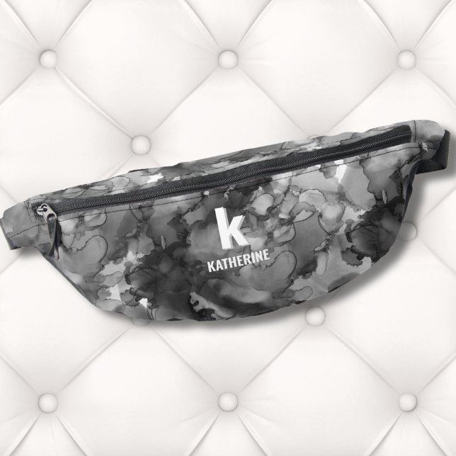 Riñoneras Monograma de color blanco negro inicial (Cute Monogram Initial Name Black White Watercolor Fanny Pack )