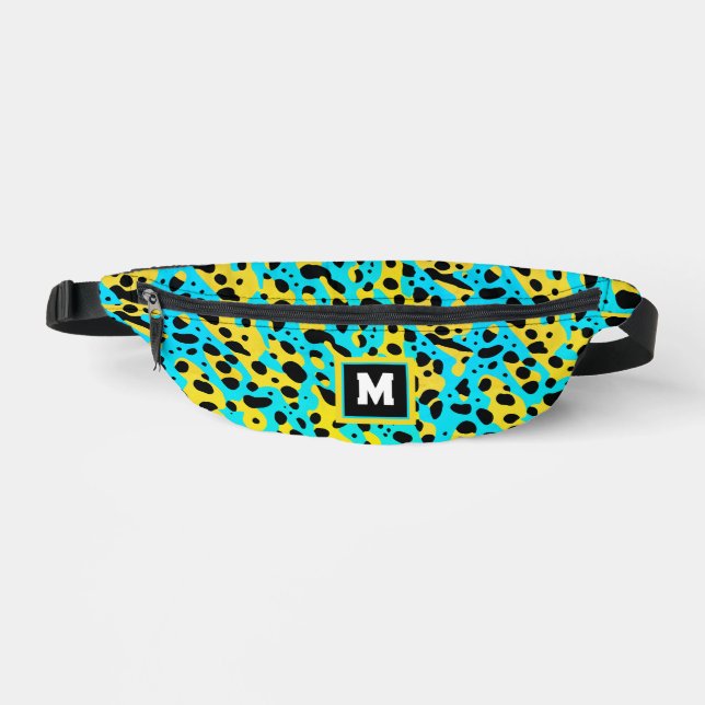 Riñoneras Monograma fresco de patrón de leopardo turquesa ab (Anverso)