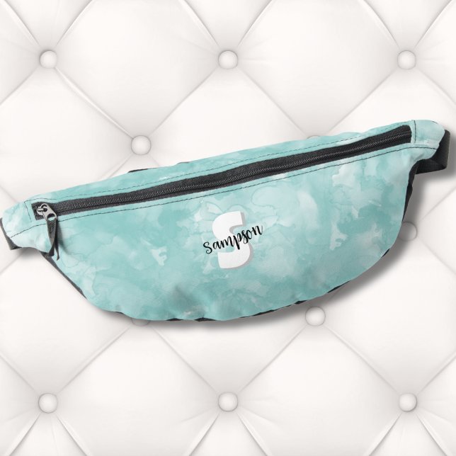 Riñoneras Monograma inicial simple y moderno (Cute Modern Monogram Teal Blue Watercolor Fanny Pack)