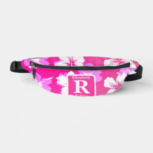 Riñoneras Monograma personalizado del hibisco rosa tropical