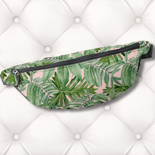 Riñoneras Muro floral tropical de hojas de palmera rosadas s (Simple Modern Pink Palm Leaf Tropical Floral Wall Fanny Pack)