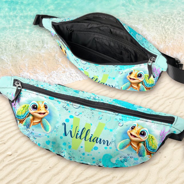 Riñoneras Nombre curado de niño de la tortuga feliz del océa (Cute Happy Turtle Boy Ocean Turquoise Name Fanny Pack)